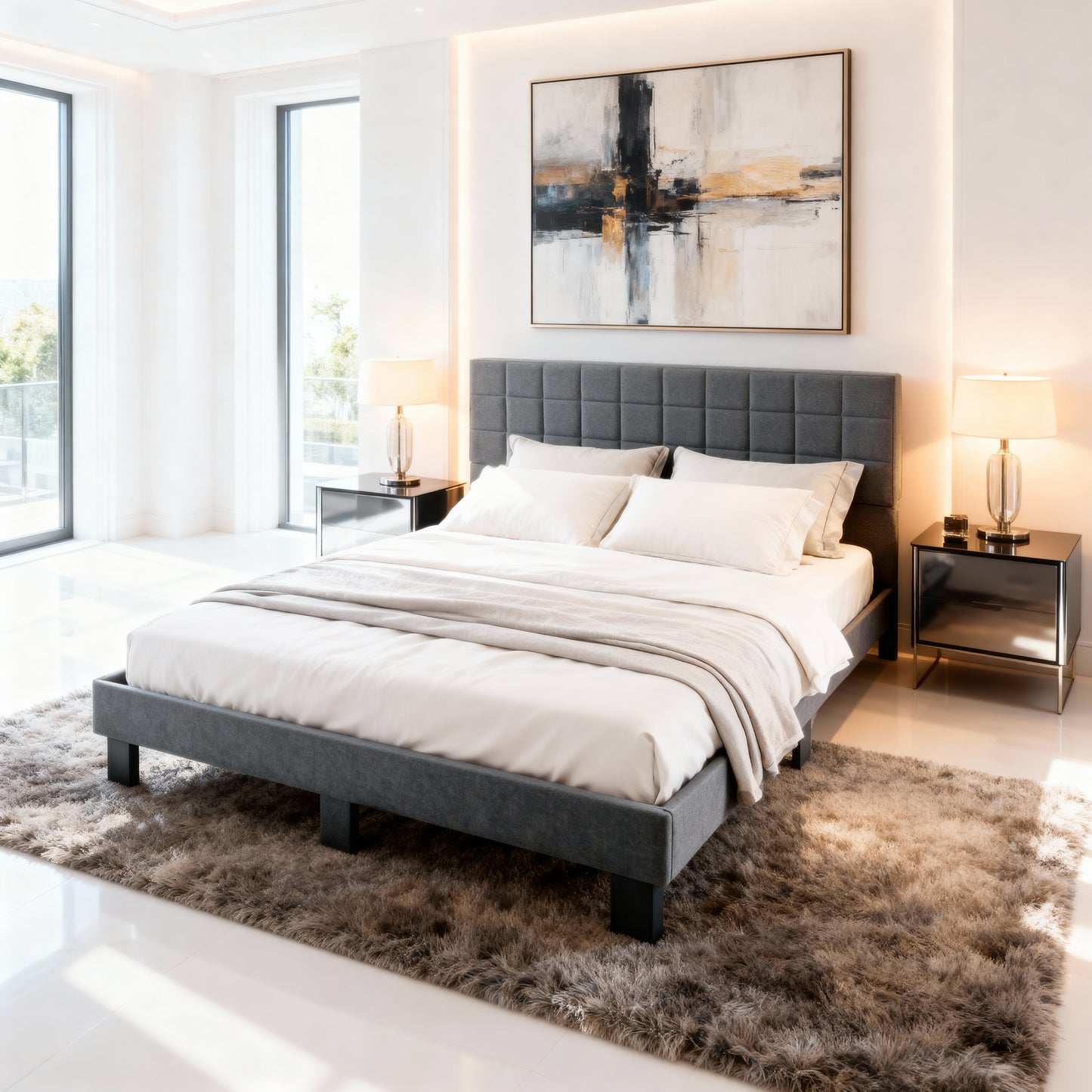 King Size Platform Bed Frame, Upholstered Tufted Headboard with Solid Wood Slats Support, Adjustable Height: 39.57～43.5 Inches, Dark Gray image 2