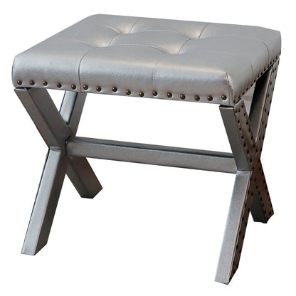 Accent Stool, Tufted Linen Upholstered Chair, X-Base Wood Seat with Nailhead Trim, 17"D x 19"W x 17"H, 300 lbs Capacity image 5