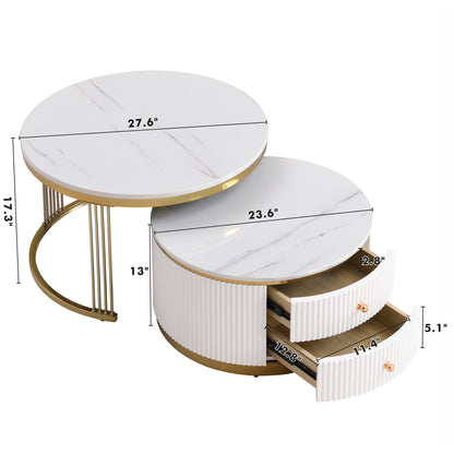 Modern 2 Pieces White Round Nesting Coffee Table with Drawers in 27.6'' image 8