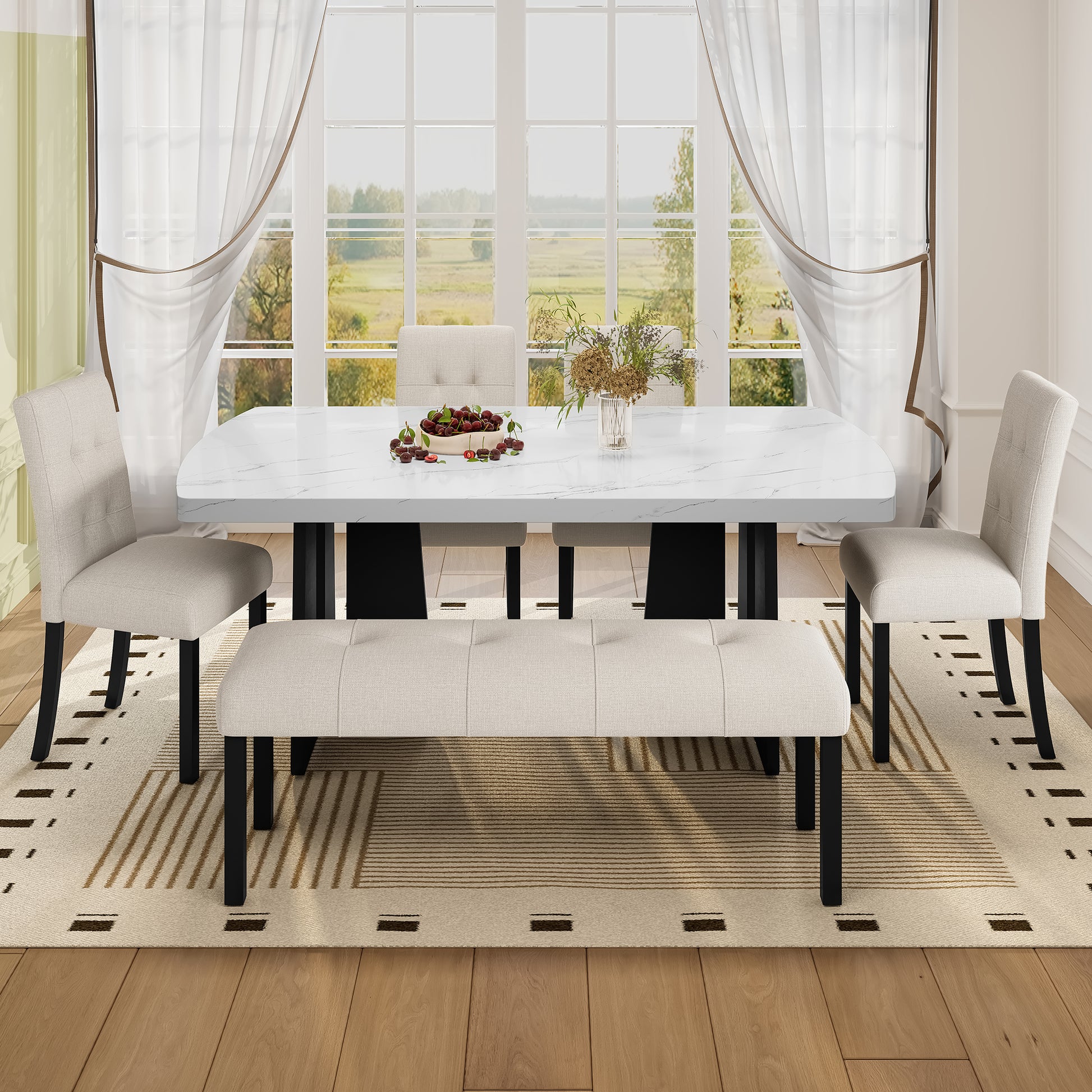 6 Piece Modern Dining Table Set, 63" Faux Marble Dining Table with Geometric Legs & 4 Upholstered Chairs & 1 Bench, Suitable for Dining Kitchen Room,Easy to Assemble, Beige + White image 4