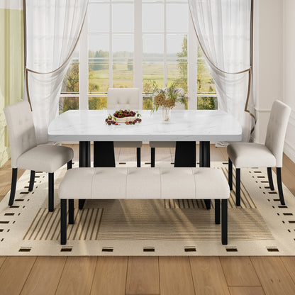 6 Piece Modern Dining Table Set, 63" Faux Marble Dining Table with Geometric Legs & 4 Upholstered Chairs & 1 Bench, Suitable for Dining Kitchen Room,Easy to Assemble, Beige + White image 4
