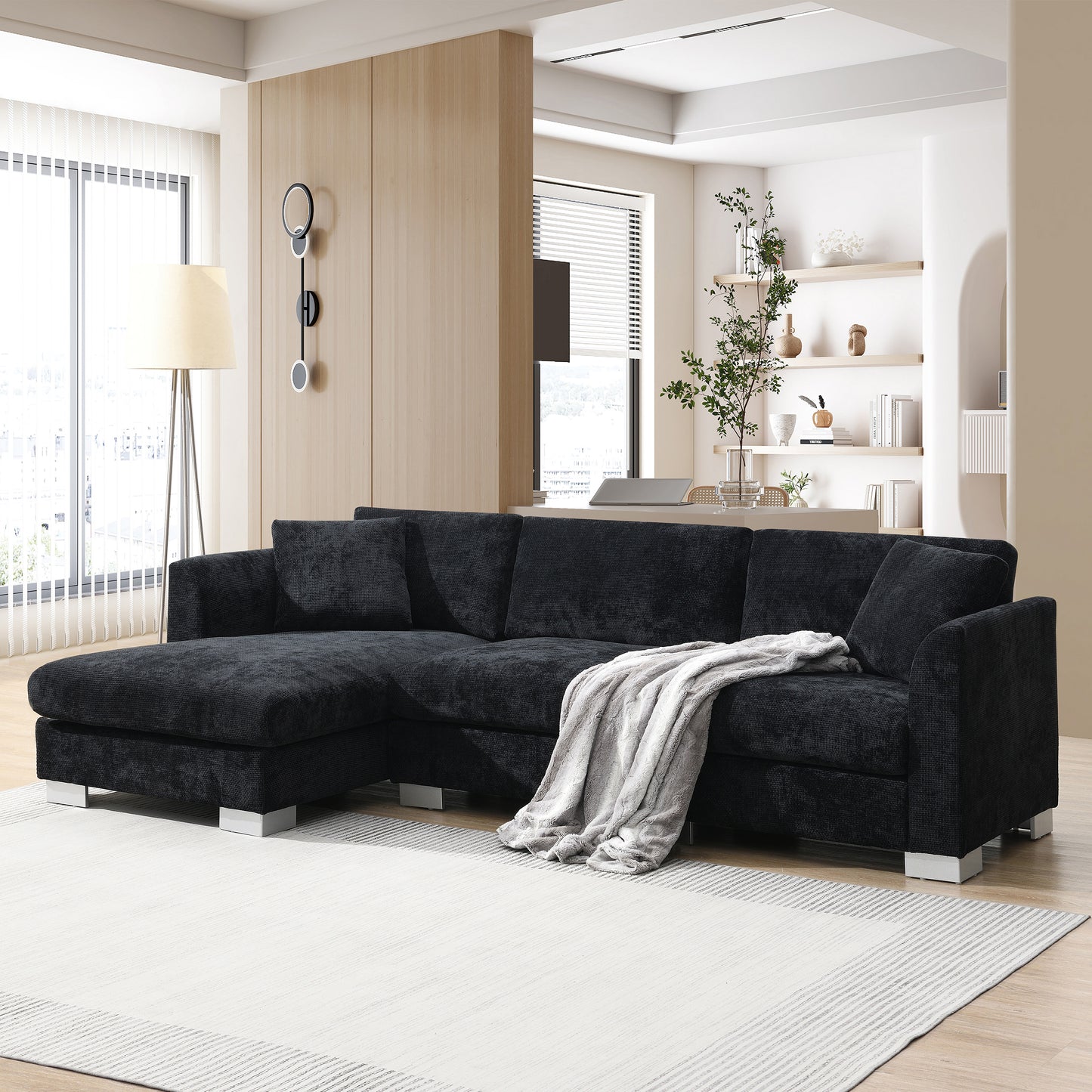 [NEW SKU of N723S6037B]96" Modern Cloud Sectional Sofa, L-shaped Luxury Couch Set with 2 Free pillows, 4-seat Chenille Indoor Furniture with Oversized Chaise for Living Room, Apartment, Office image 1