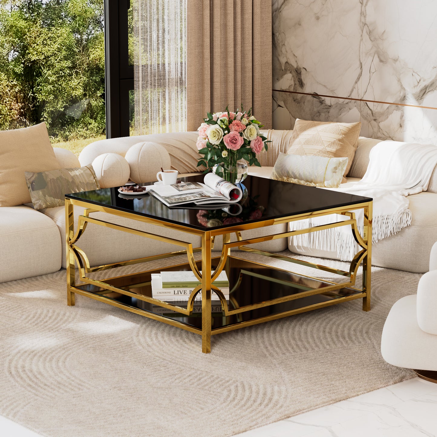 Square Glass Coffee Table in 33.5",Luxurious Geometric Metal Frame,Gold Finish & Lower Shelf image 5