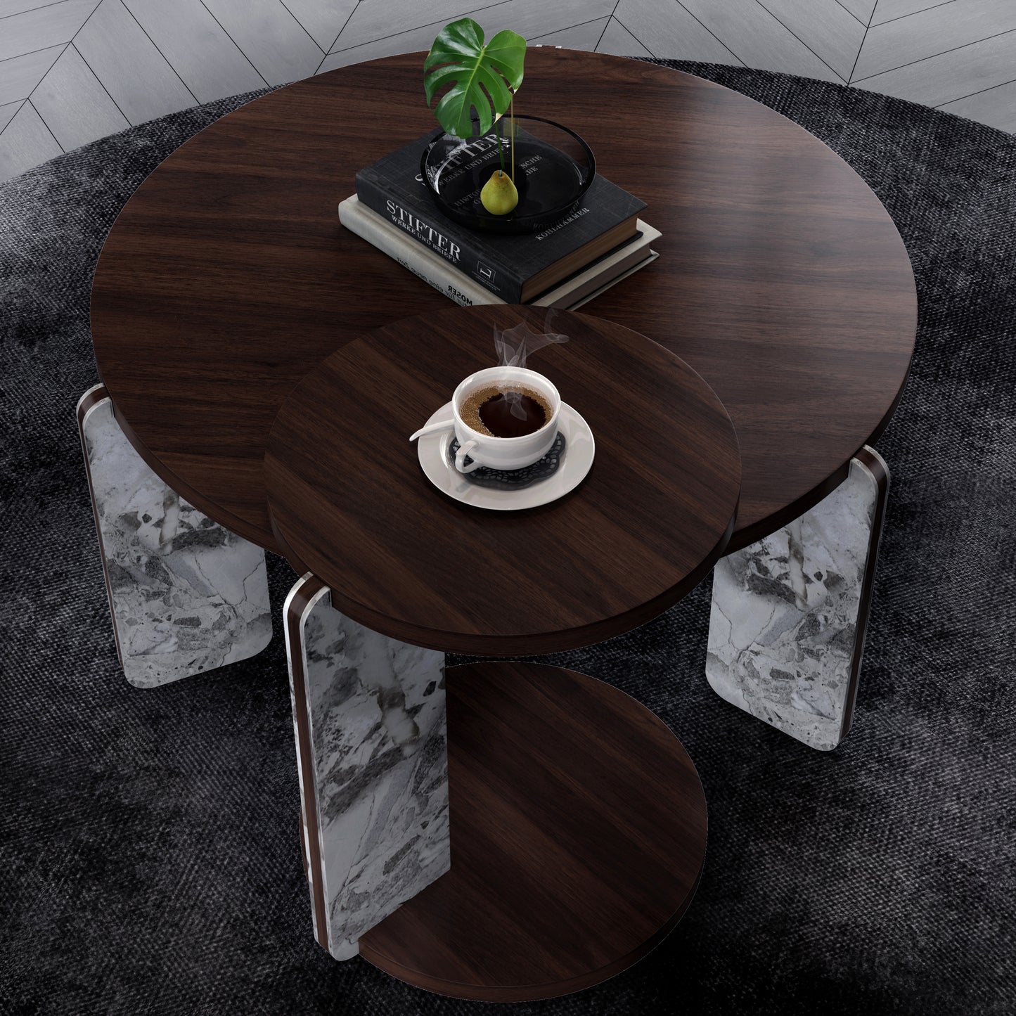 Modern Coffee Table with End Table Set, Durable walnut veneered MDF 83cm diameter Center Table with a 43cm diameter Side Table for Living Room, study room, strong and stable sintered stone legs/base image 3