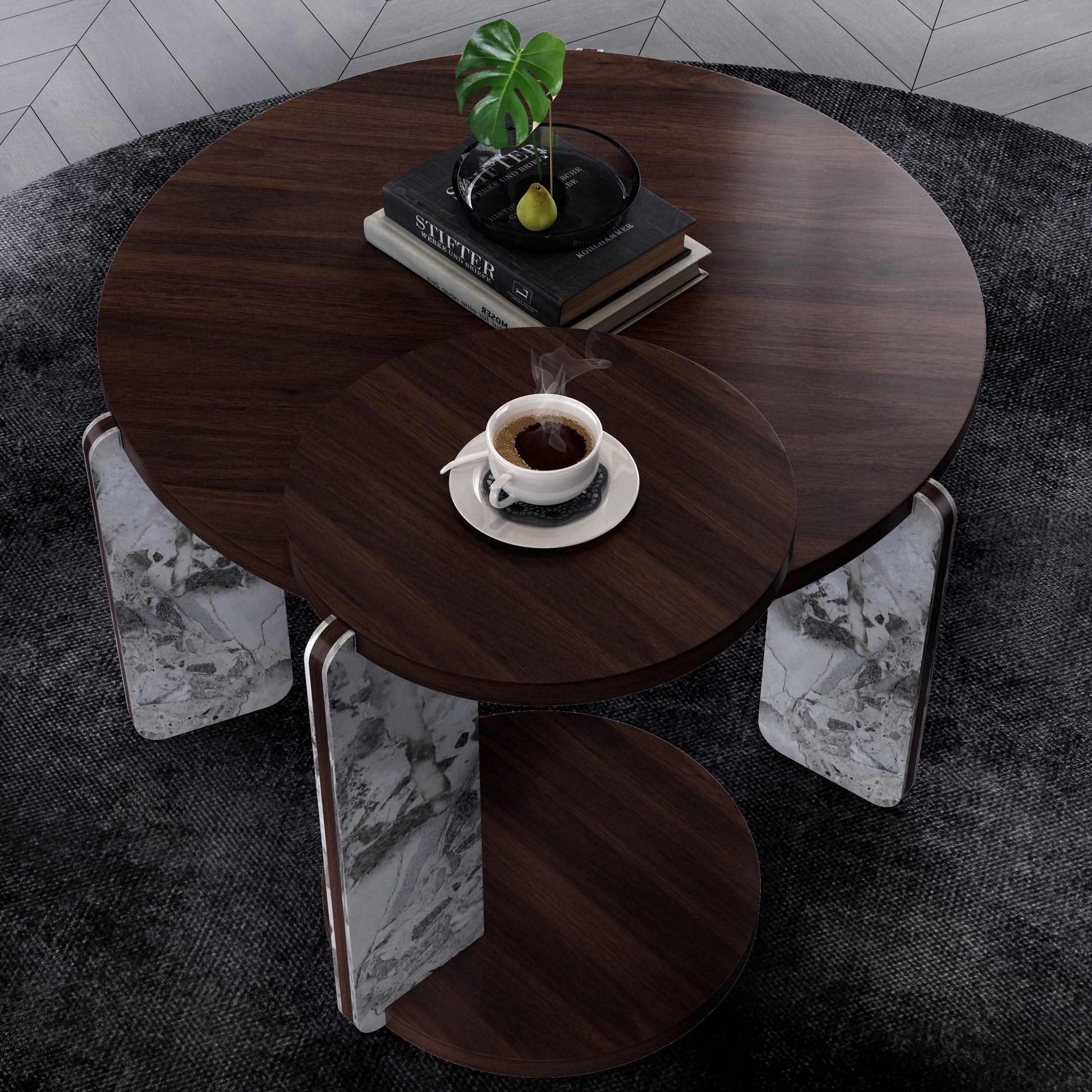 Modern Coffee Table with End Table Set, Durable walnut veneered MDF 83cm diameter Center Table with a 43cm diameter Side Table for Living Room, study room, strong and stable sintered stone legs/base image 3