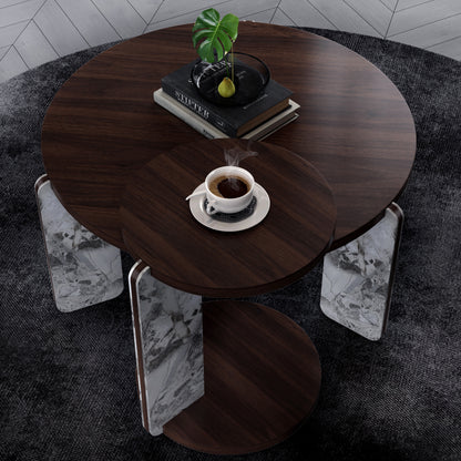 Modern Coffee Table with End Table Set, Durable walnut veneered MDF 83cm diameter Center Table with a 43cm diameter Side Table for Living Room, study room, strong and stable sintered stone legs/base image 3
