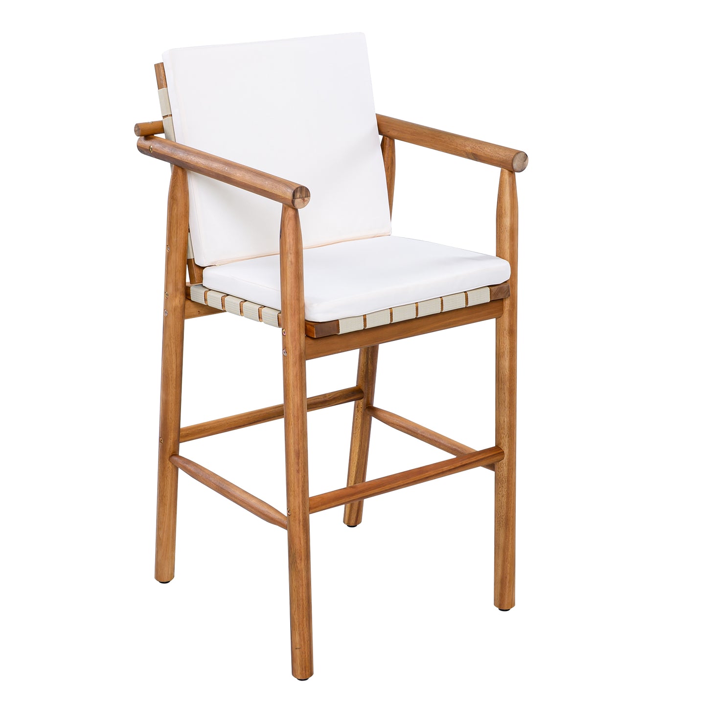Outdoor Counter Height Bar Stools Chair Set of 2, Modern Patio Acacia Wooden Stools with Backrest Arm and Webbing Seat, for Patio, Pool, Garden, Beige Cushions Included image 10