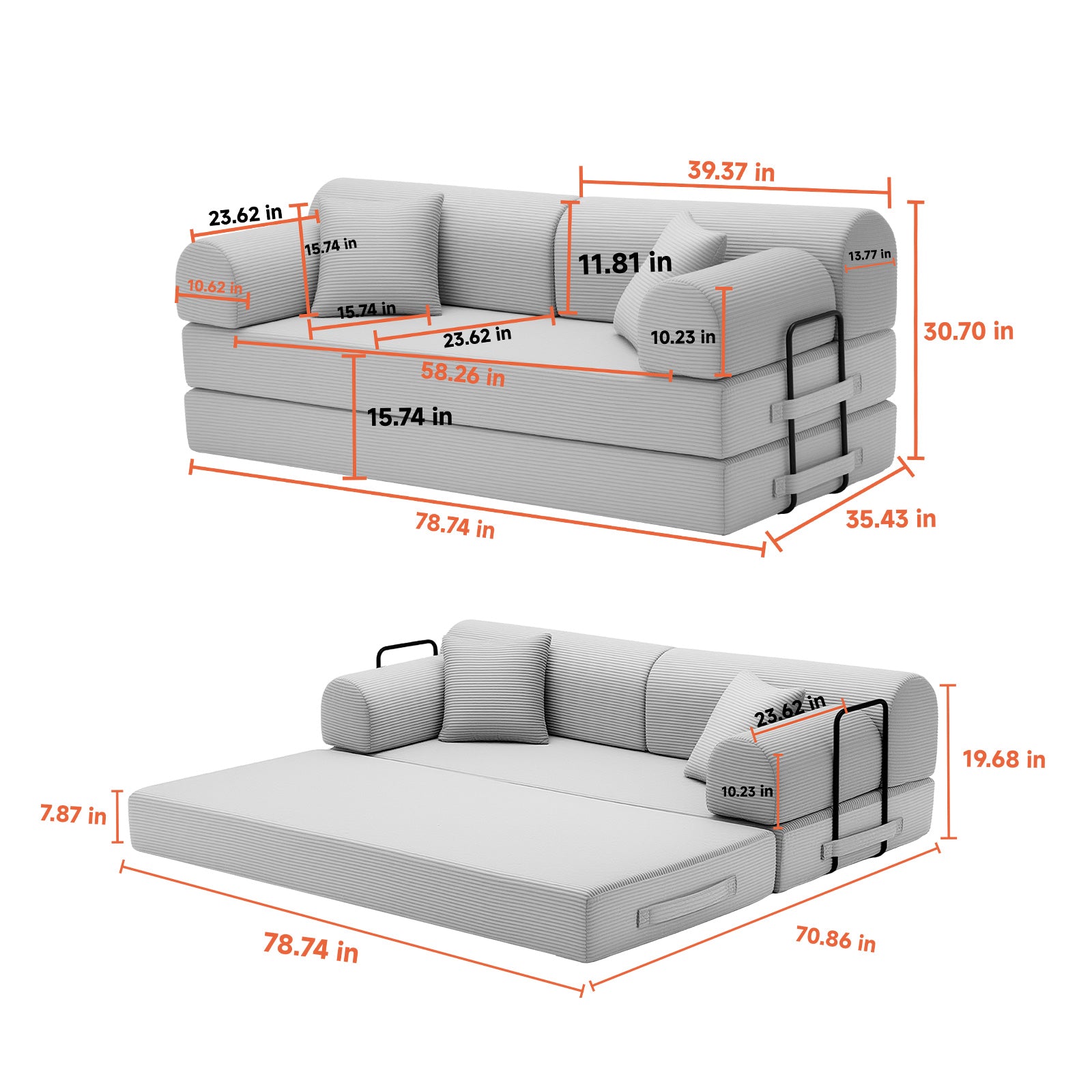 Convertible Sleeper Sofa Bed,Corduroy Folding Mattress Couch with Fixed-Shape Frame, Floor Sofa Lounge Couch for Living Room Bedroom(Brown) image 9