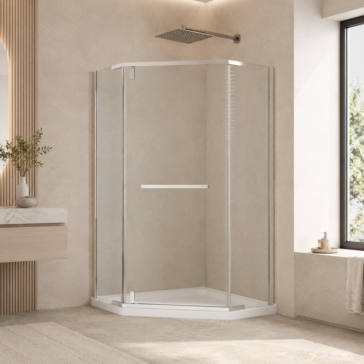 36" W x 72" H Neo-Angle Corner Shower Door, 1/4" (6mm) Clear Tempered Glass with Safety Film and Nano Coating, Framed Pivot Design, Chrome image 1