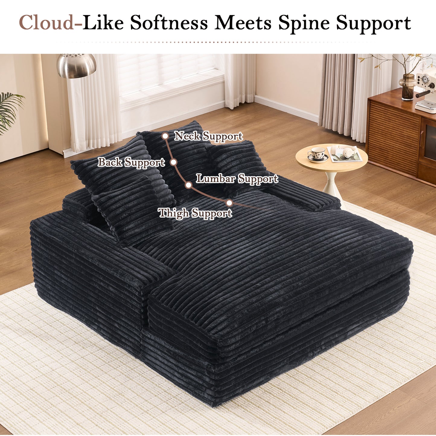 028DR-Oversized chaise Lounge chair, Upholstered Sleeper Sofa Bed with 4 Throw Pillows and Armrests, Corduroy Fabric Plush Lounge Chair Bed for Living Room, Apartment & Small Spaces, Gray image 8