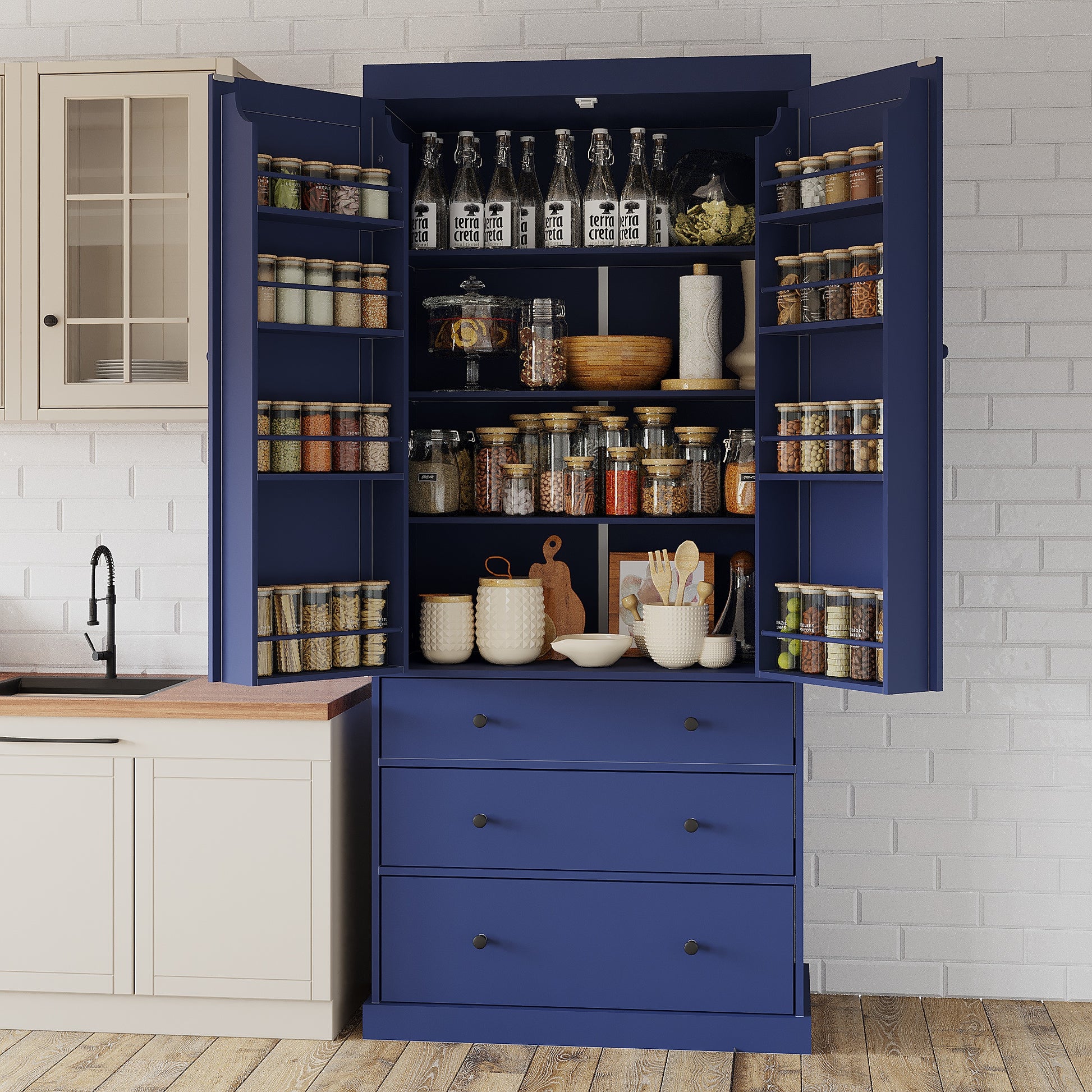 [Assembly Video Provided]TOPMAX 77inch Farmhouse Kitchen Pantry, Freestanding Tall Cupboard Storage Cabinet with 3 Adjustable Shelves, 8 Door Shelves, 3 Drawers for Kitchen, Dining Room, Blue image 1