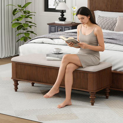 50.8-inch Multi-Functional Storage Ottoman Bench-Solid Rubberwood Bed End Bench with Linen Seat, Storage Bench for Bedroom, Entryway Shoe Organizer for Bedroom, Living Room, Entryway, Closet, Walnut image 6