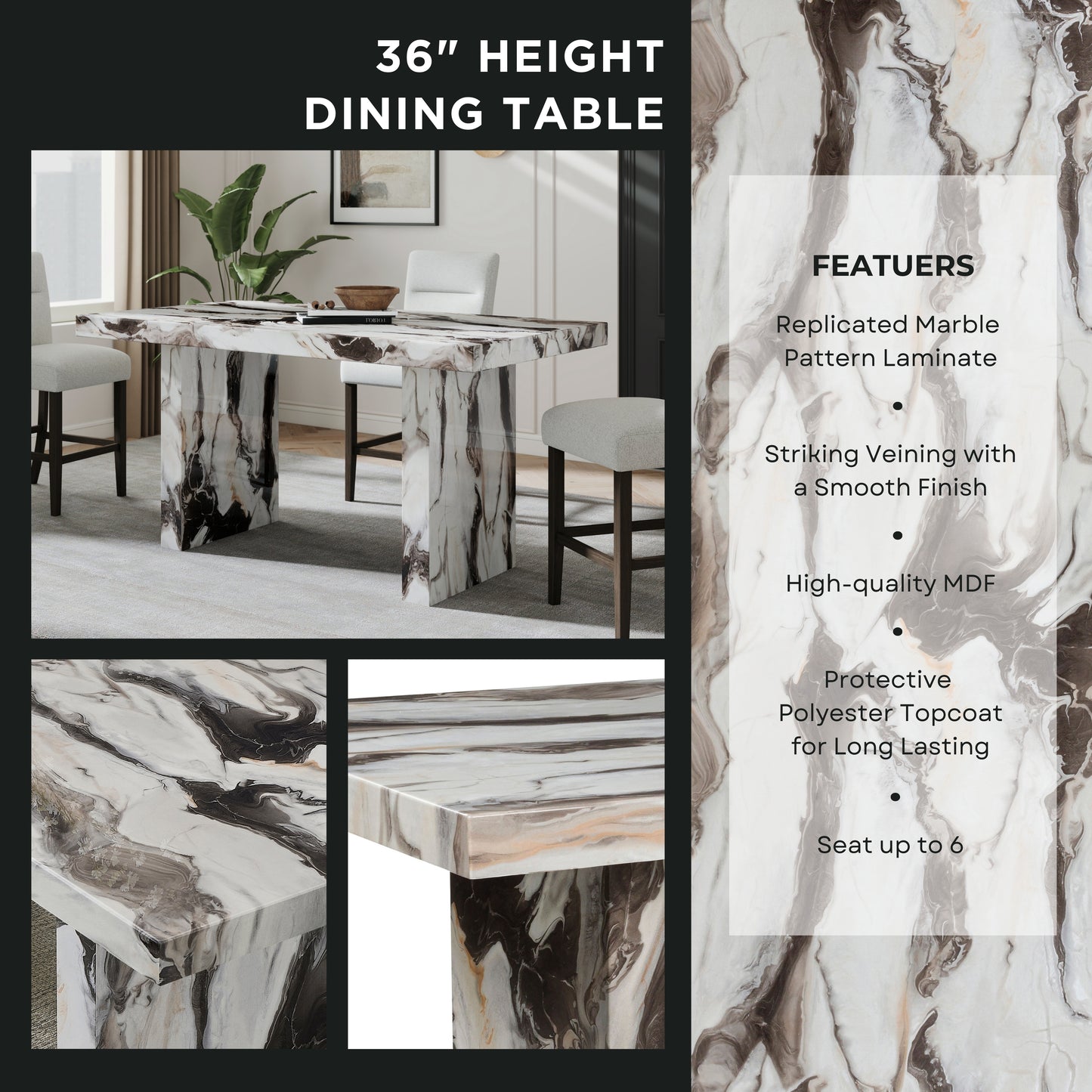 Cavira Modern Faux Marble Counter Height Dining Table image 4