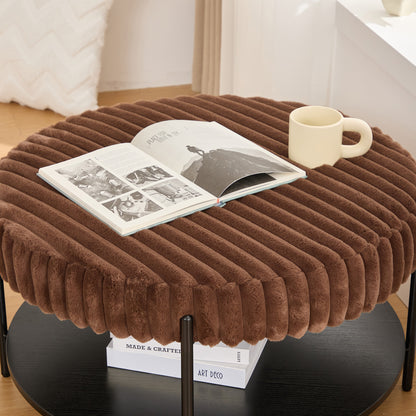 30.9"Wide Upholstered Round Ottoman Coffee Table Foot Rest with Black Metal Legs, Footstool with Wooden Open Storage Shelf,Faux Fur Footstool for Living Room Bedroom Entryway Hotel. Brown image 6