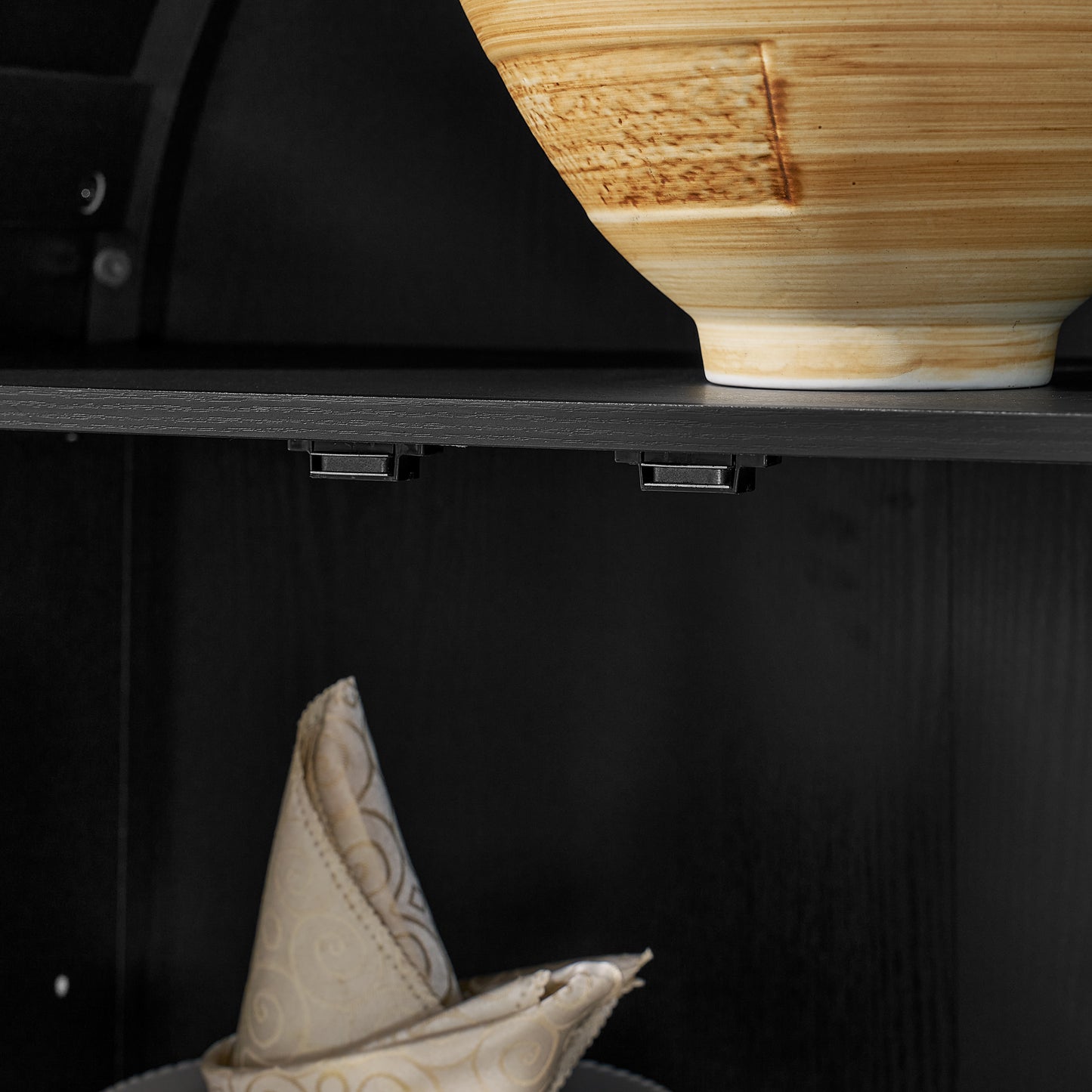 A high arched storage cabinet with a lamp, a modern retro-style wooden storage cabinet with adjustable glass partitions, suitable for use as a multi-functional cabinet in kitchens-Black image 8
