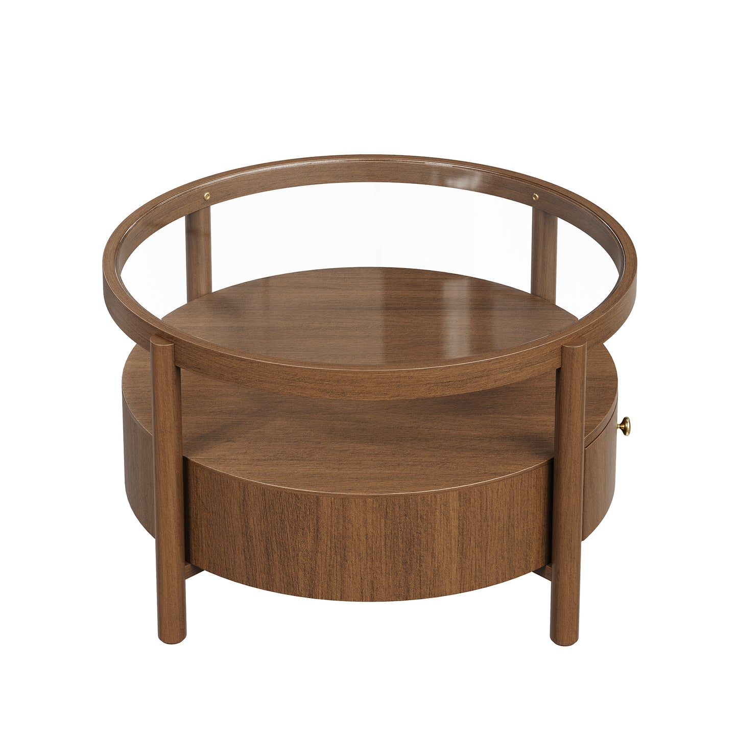 Solid Wood Round Glass Top Coffee Table with Storage Drawer, 2-Tier Mid Century Modern Circular Center Table, Walnut Wooden Cocktail Table for Living Room image 10
