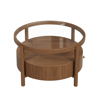Solid Wood Round Glass Top Coffee Table with Storage Drawer, 2-Tier Mid Century Modern Circular Center Table, Walnut Wooden Cocktail Table for Living Room image 10