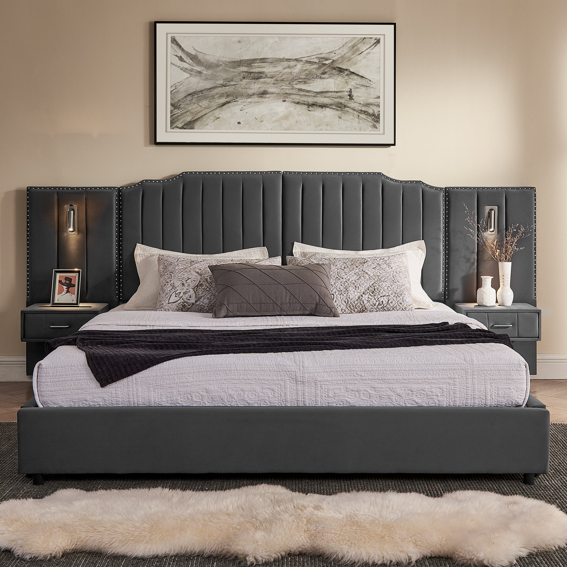 King Size Upholstered Bed Frame with Velvet Fabric, Vertical Stripe Design with Buttons Around King Size Platform Bed with Headboard, Solid Frame & Bedside Table - No Box Spring Needed-Gray image 3
