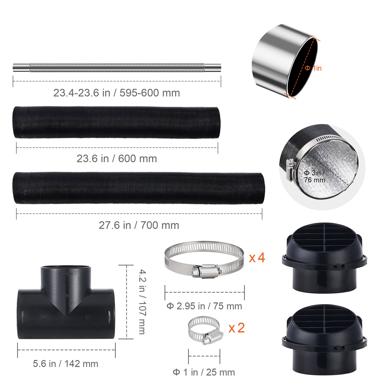 Diesel Heater Pipe Ducting Set, 3" Extendable Air Duct Hose, 1" Stainless Steel Exhaust Pipe, 2 Air Vents, Tee Air Outlet Connector and Hose Clamps, for 5KW/8KW Diesel Parking Heaters image 8