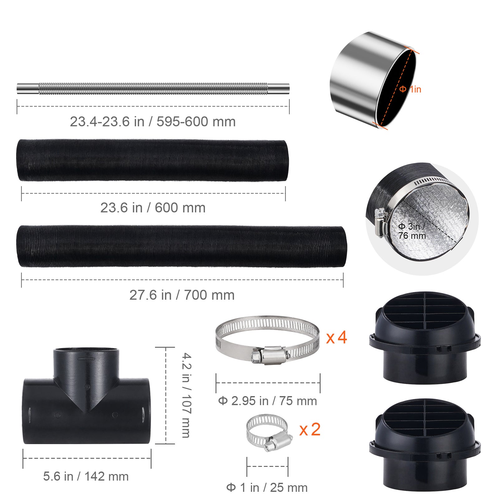 Diesel Heater Pipe Ducting Set, 3" Extendable Air Duct Hose, 1" Stainless Steel Exhaust Pipe, 2 Air Vents, Tee Air Outlet Connector and Hose Clamps, for 5KW/8KW Diesel Parking Heaters image 8