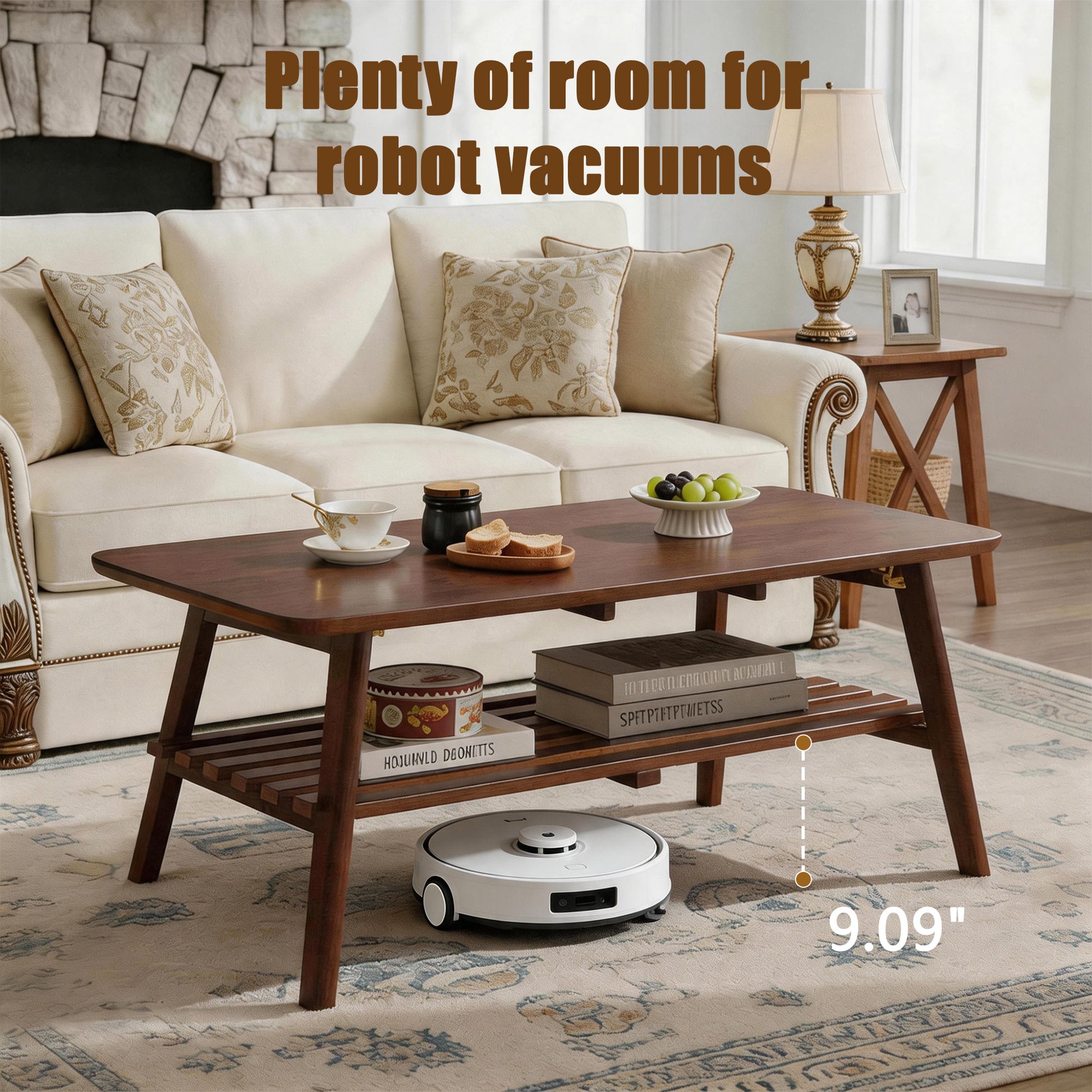 Wooden Coffee Table with Storage Shelf, Mid-Century Rectangular Center Table for Living Room,Walnut Brown image 3
