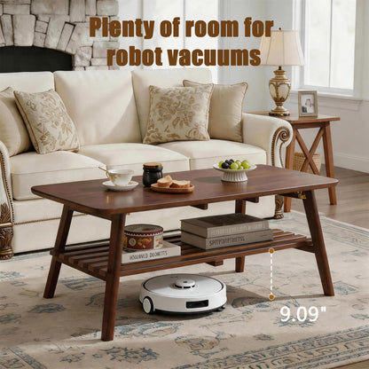 Wooden Coffee Table with Storage Shelf, Mid-Century Rectangular Center Table for Living Room,Walnut Brown image 3