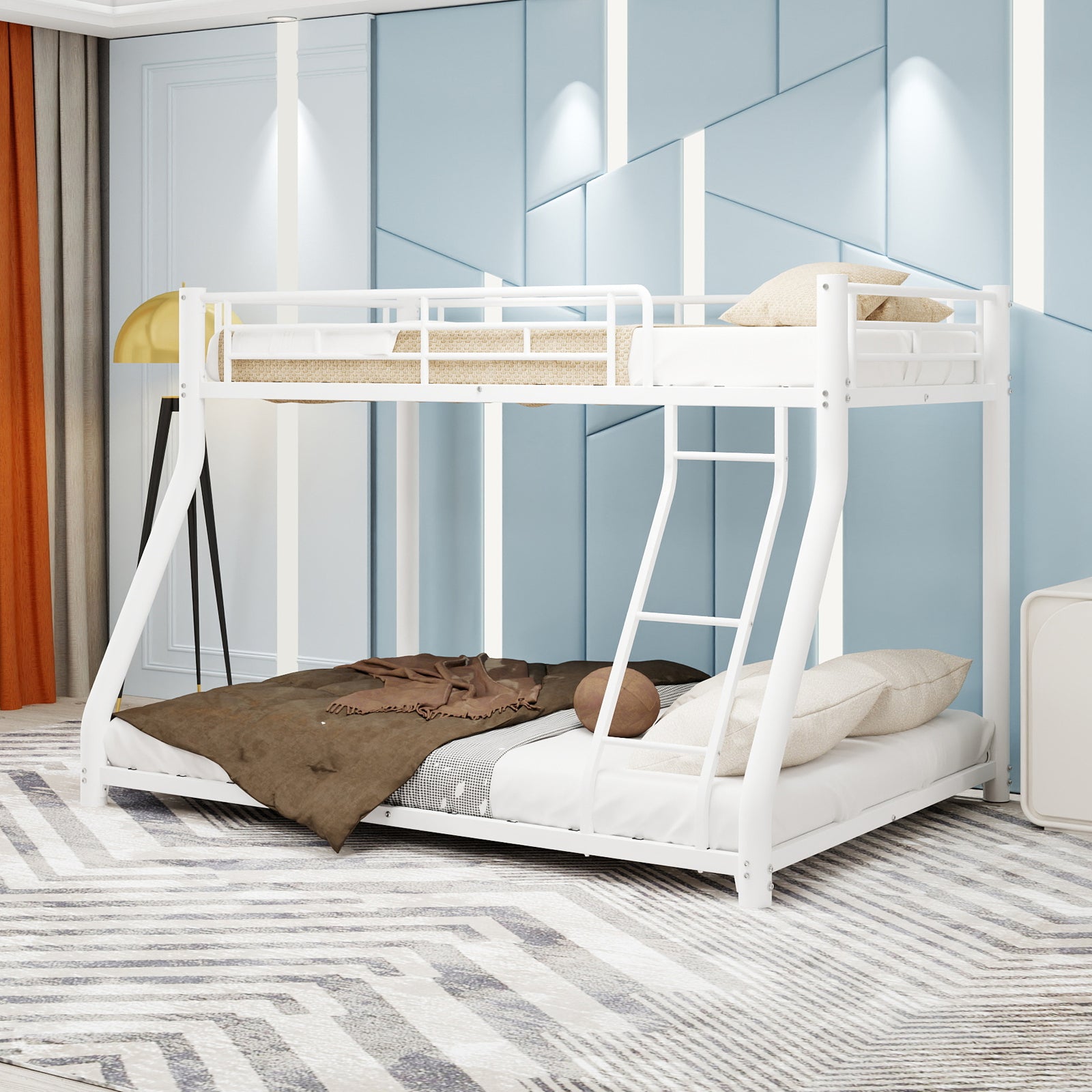 Metal Bunk Bed Twin Over Full Size with Removable Stairs, Heavy Duty Sturdy Frame with 12" Under-Bed Storage for Teen & Adults, Teens, No Box Spring Needed, White image 1
