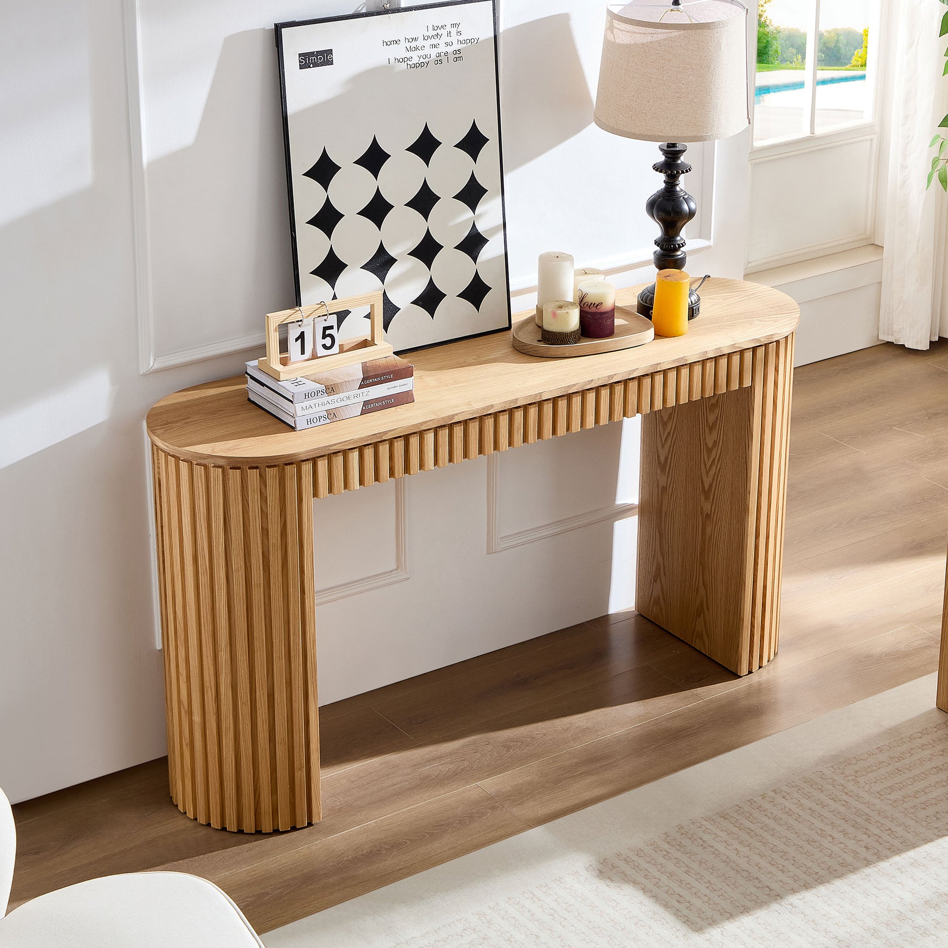 59.05'' Modern Console Table With Drawer for Entryway with Unique Vertical Stripe Design for Living Room Hallway Foyer Entrance Study,NATURE(Same Sku:W876P439955) image 3