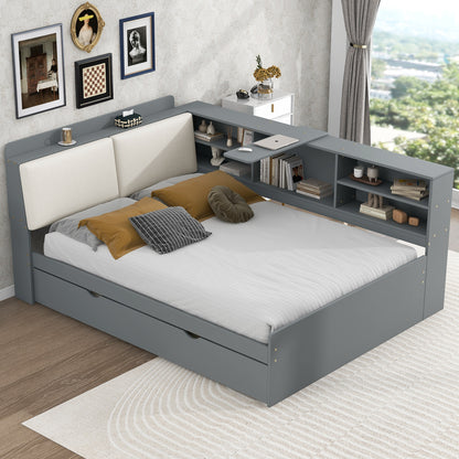 Wood Full Size platform bed with Trundle, Shelves and Storage Headboard, Gray image 2