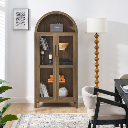 A high arched storage cabinet with a lamp, a modern retro-style wooden storage cabinet with adjustable glass partitions, suitable for use as a multi-functional cabinet in kitchens-Brown image 5