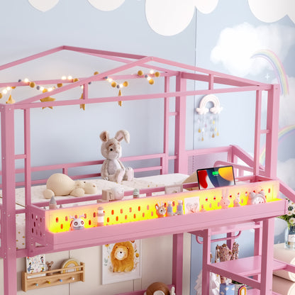 Twin Size Loft Bed with Storage Stairs, Shelves and Built-in Wardrobe, Metal Loft Bed Frame with USB Ports and LED Lights, Noise-reduced Design, Pink image 7