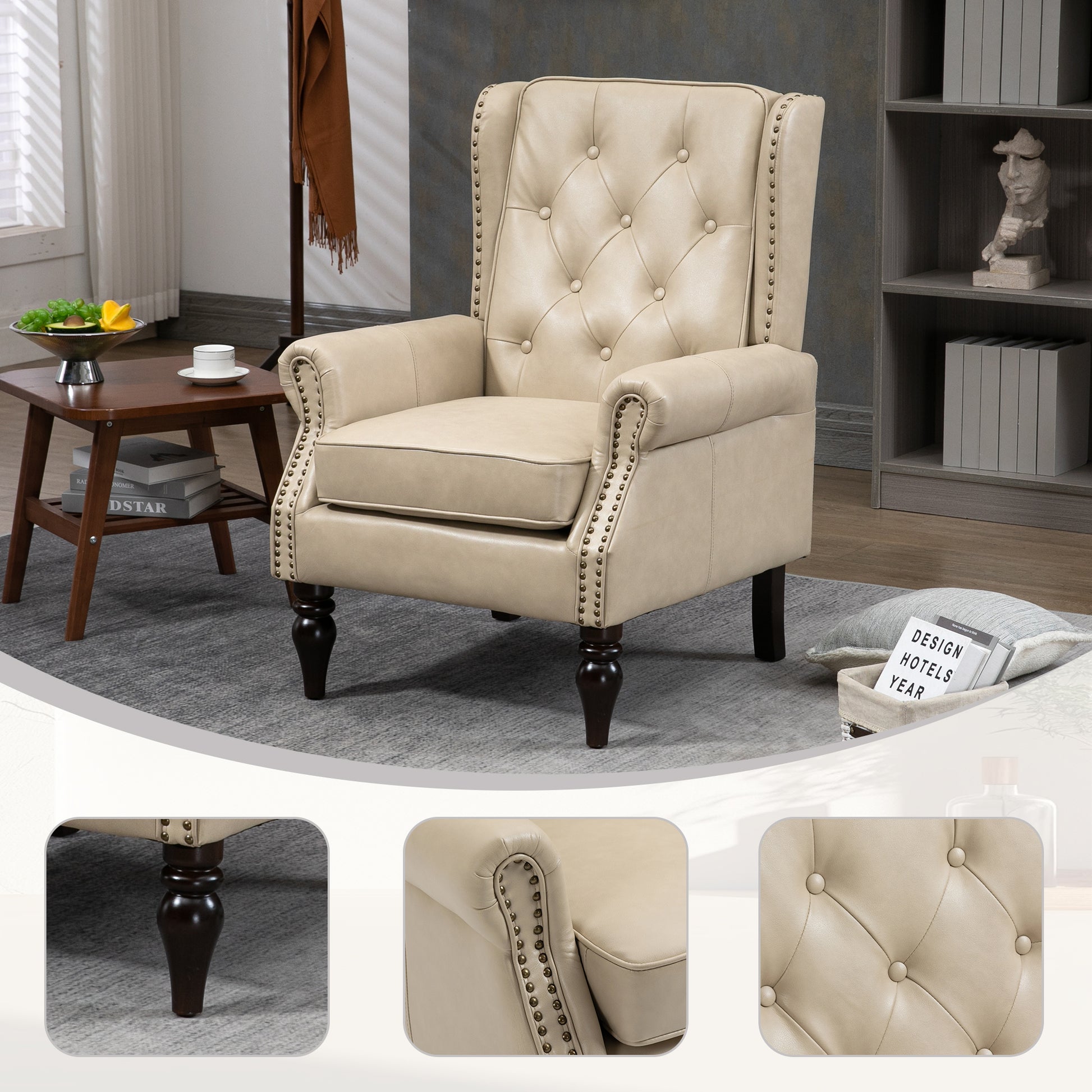 Wood Frame Armchair, Modern Accent Chair Lounge Chair with Sturdy Wood Legs for Living Room Bedroom (Camel PU) image 1