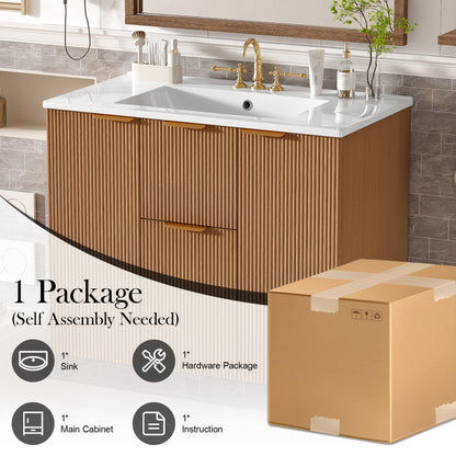 [Video]36 Inch Single Sink Bathroom Vanity with ceramic Top, MDF Cabinet, Soft Close Doors, Divided Drawers, Wall-Mounted Modern Storage Vanity image 8