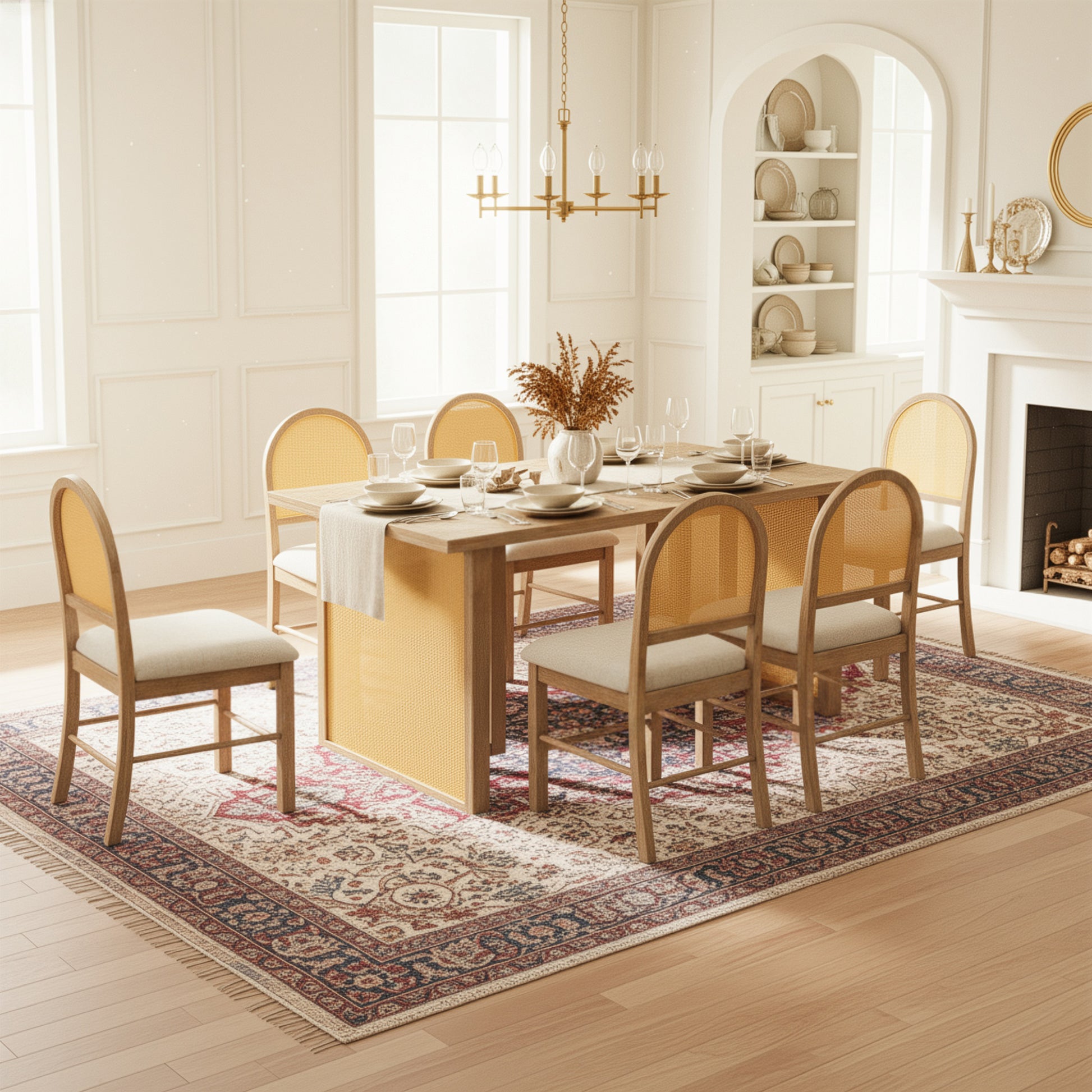 TREXM 7-Piece Farmhouse Dining Table Set for 6 - 59.8" Rectangular Dining Table with Distressed Oak Veneer and 6 Rattan Chairs, Rustic Kitchen Furniture for Dining Room(Natural) image 3