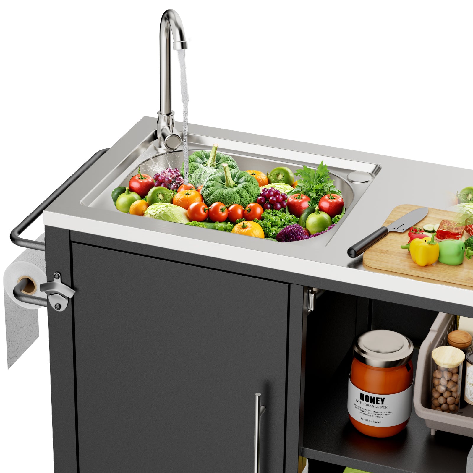 Outdoor Grill Table with Sink, Grill Cart with 304 Stainless Steel Sink and Cabinet, Outdoor Grill Cart,Outdoor Cart Sink Station with Wheels, L38" x W18" x H35" image 5