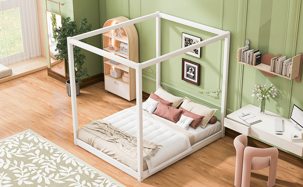 Queen Size Canopy Platform Bed with Support Legs,White image 4