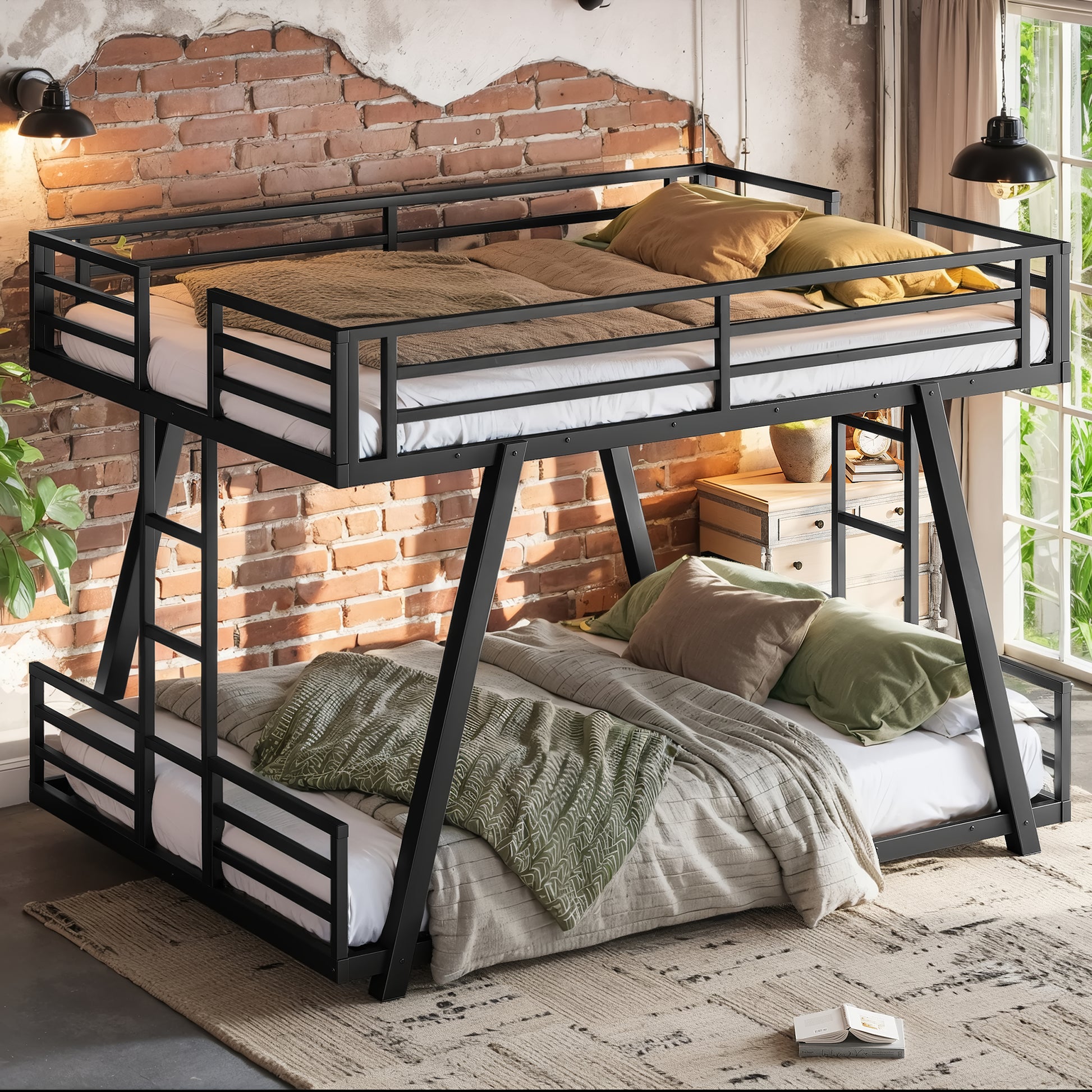 Queen over Queen Bunk Bed with 2 Side Ladders, Metal Bunk Bed with Spdcial Support Leg Design, Low Profile Bunk Bed, Black image 3