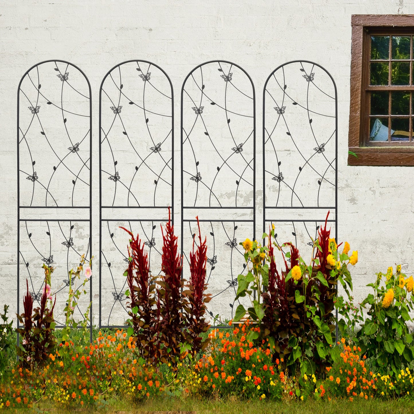 4 Pack Metal Garden Trellis 86.7" x 19.7" Rustproof Trellis for Climbing Plants Outdoor Flower Support Butterfly Deco Black image 1