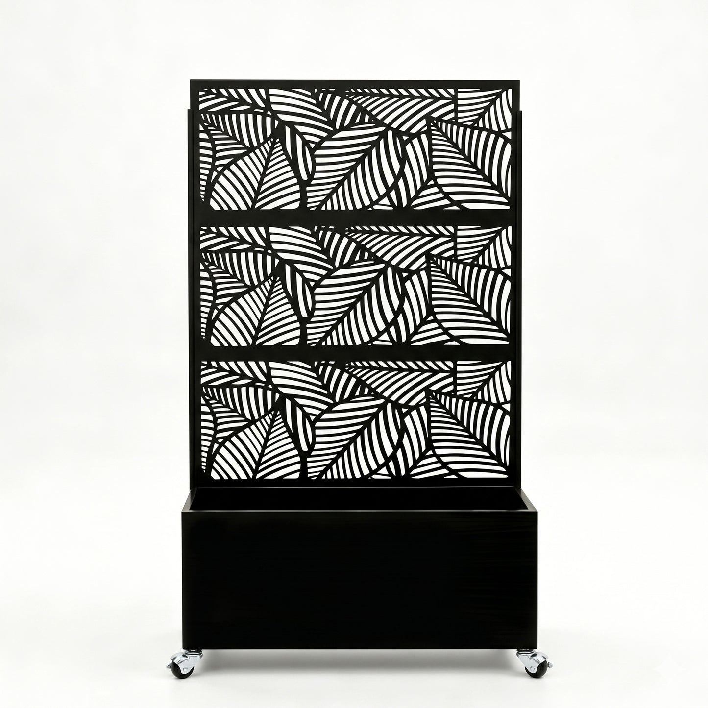 70.87" H × 46.06" W Leaf Pattern Privacy Screen with Planter Box, Black Metal Freestanding Decorative Fence Planter for Patio Balcony Backyard image 1