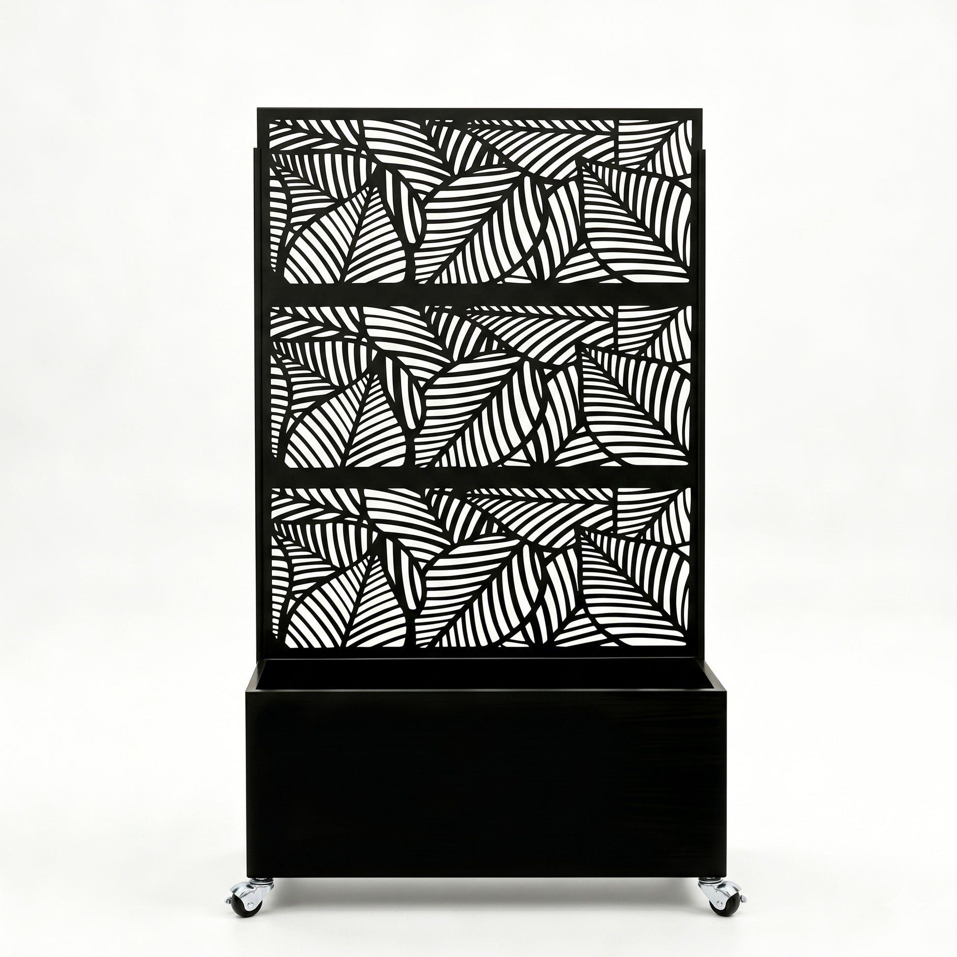 70.87" H × 46.06" W Leaf Pattern Privacy Screen with Planter Box, Black Metal Freestanding Decorative Fence Planter for Patio Balcony Backyard image 1