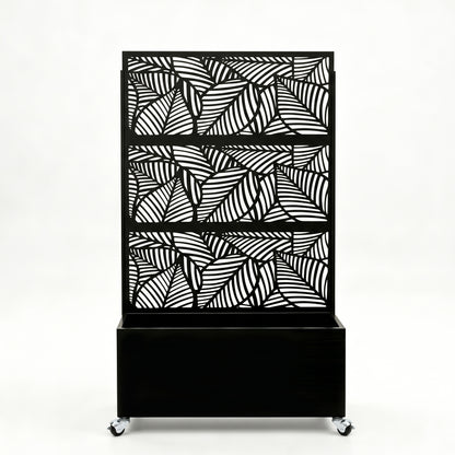 70.87" H × 46.06" W Leaf Pattern Privacy Screen with Planter Box, Black Metal Freestanding Decorative Fence Planter for Patio Balcony Backyard image 1