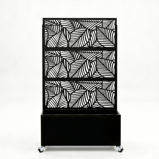 70.87 inch tall black metal leaf pattern privacy screen with planter box on patio