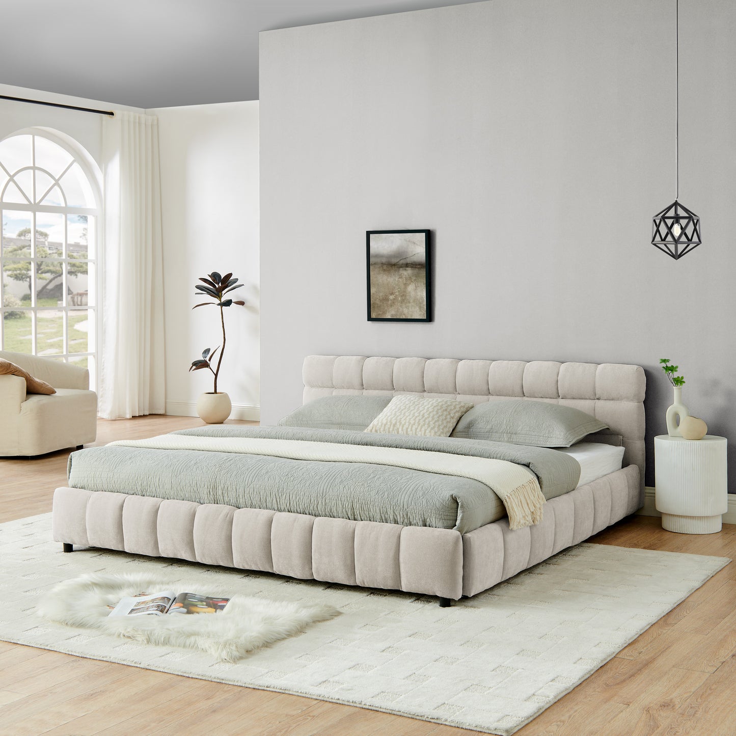 King Size Upholstered Bed,comfortable upholstered bed frame, Chenille fabric, with headboard and solid bed frame. With drawer for storage.-Beige(88.5''*85.5''*31'') image 4