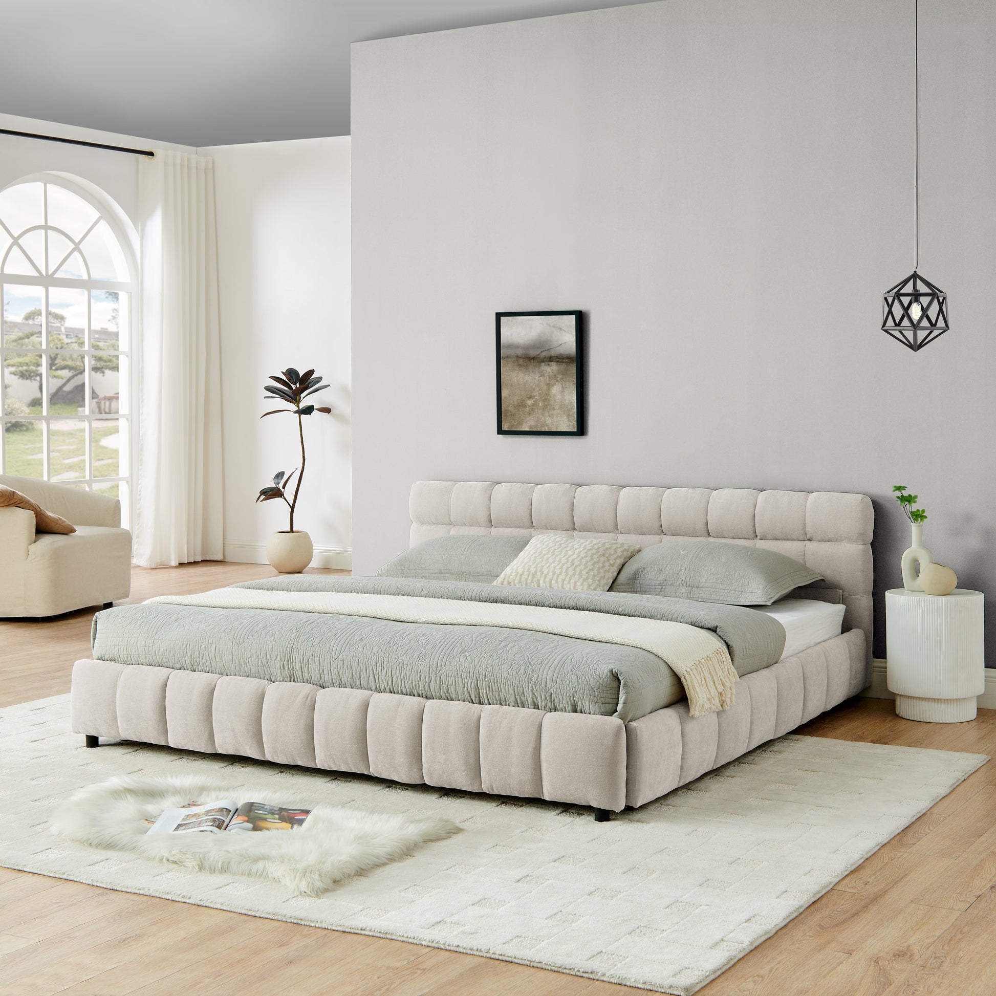 King Size Upholstered Bed,comfortable upholstered bed frame, Chenille fabric, with headboard and solid bed frame. With drawer for storage.-Beige(88.5''*85.5''*31'') image 4