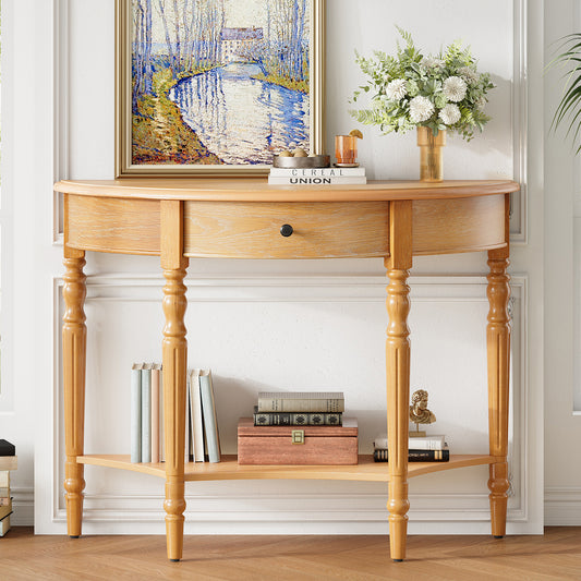 TREXM Farmhouse Half Moon Console Table with Drawer & Shelf - Rustic Accent Table, Sofa Table for Entryway, Living Room, Hallway and Foyer (Natural) image 1
