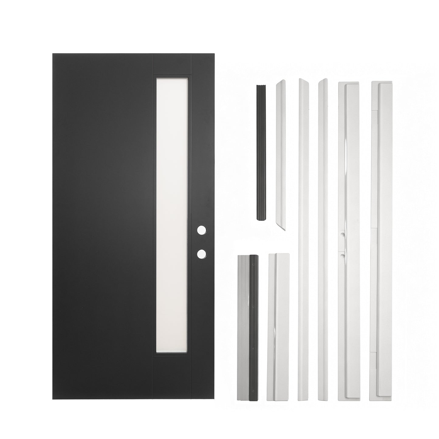 36"x80" Fiberglass Front Door with White 4-9/16" PVC Frame,Left-Hand Inswing Exterior Door with Brickmould,Contemporary minimalist smooth skin with frosted glass for Home Entrance, Black image 4