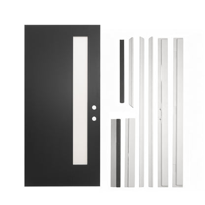 36"x80" Fiberglass Front Door with White 4-9/16" PVC Frame,Left-Hand Inswing Exterior Door with Brickmould,Contemporary minimalist smooth skin with frosted glass for Home Entrance, Black image 4