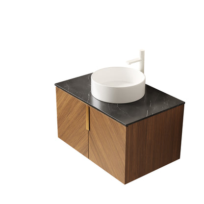 ARAI 30" Bathroom Vanity with Sink, Wall-Mounted Plywood Bathroom Storage Cabinet with Double Doors, Black Sintered Stone Countertop and White Round Ceramic Basin, Brown Oak Woodgrain Color image 4
