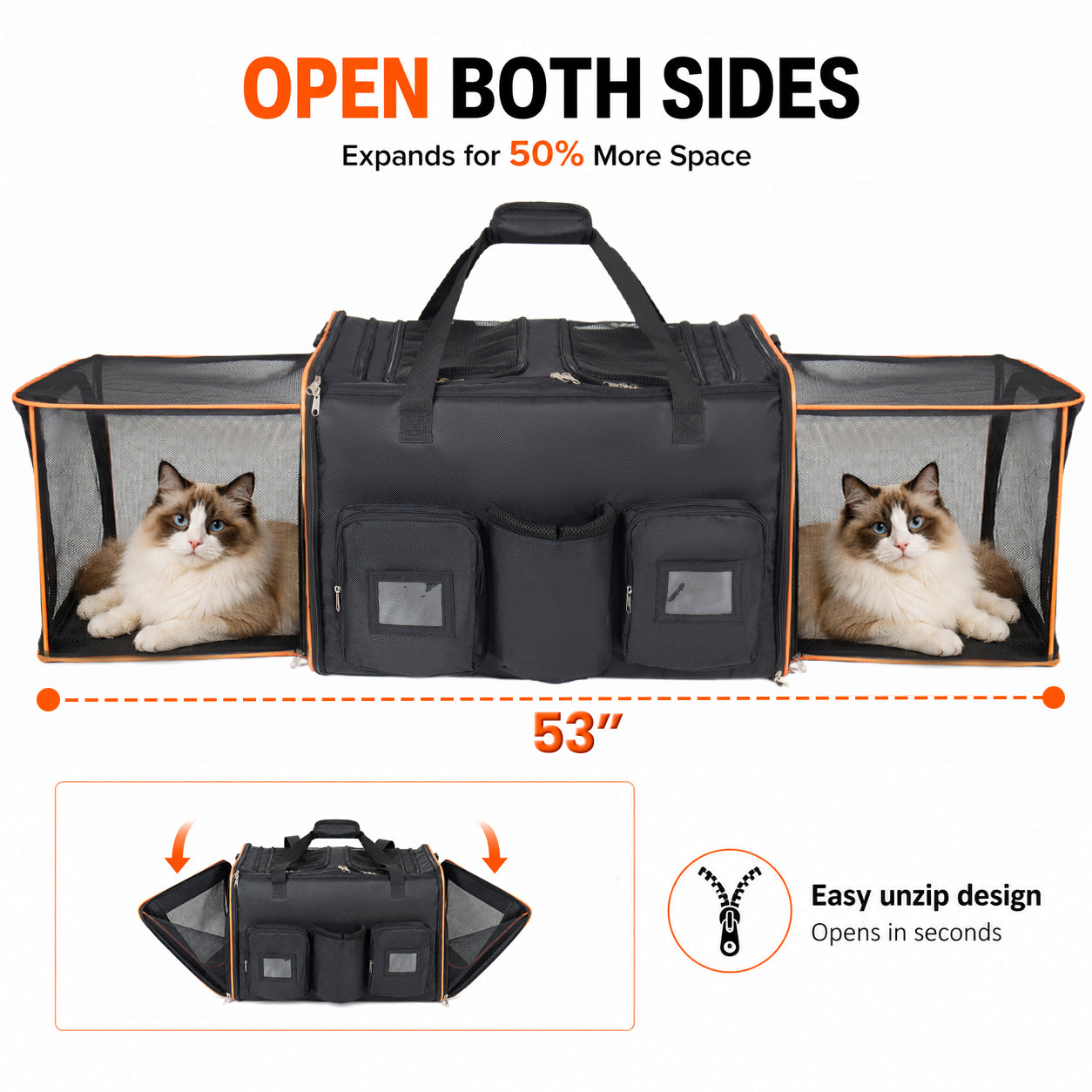 2 in 1 Large Cat Carrier for 2 Cats, Rolling Pet Carrier with Wheels, Expandable Foldable Double Pet Carrier with Removable Divider, Breathable Mesh Oxford, Cat Travel Crate for Car/Camping/Vet, Black image 4