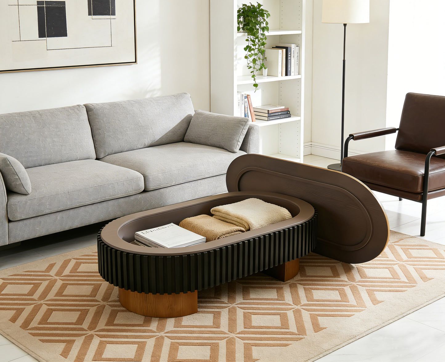 43.7" Oval Coffee Table With Hidden Storage,Fluted Modern Minimalist Wood Coffee Table for Living Room, Oval Center Table, Walnut + Black. image 4